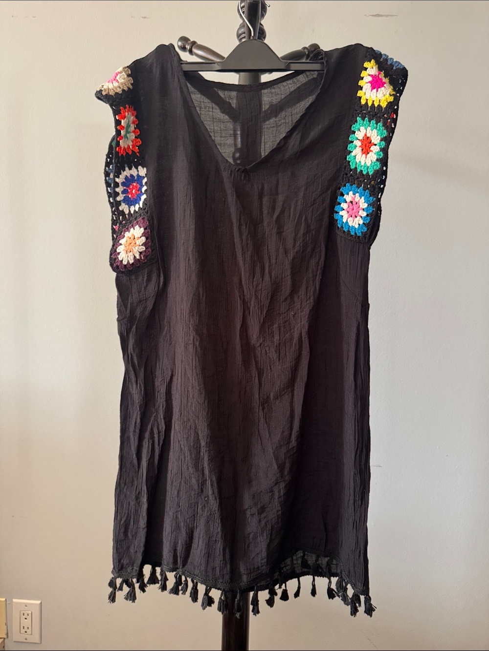 Black Crochet-Shoulder Women’s Tunic Top
